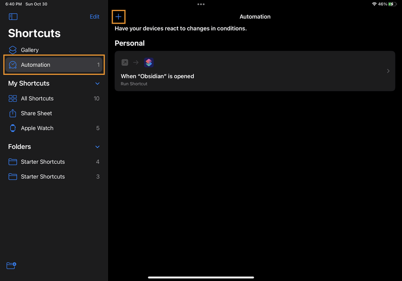 iPad screenshot of Shortcuts. On the "Automation" page, the "+" icon to create a new automation is highlighted.