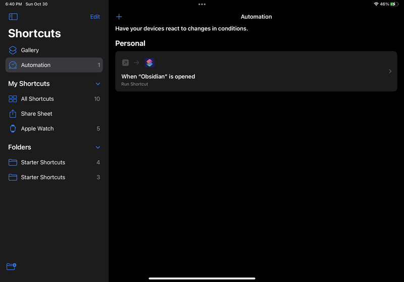 iPad screenshot of Shortcuts. The Automation page is selected from the sidebar, which shows one Personal automation called "When 'Obsidian' is opened".