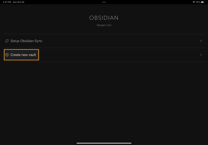 iPad screenshot of the Obsidian app home screen. A box is drawn around the "Create new vault" menu option.
