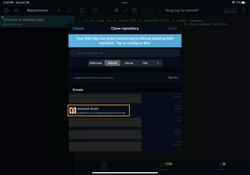 iPad screenshot of Working Copy. The "Clone repository" modal has been updated to show a list of repositories from the user's GitHub account. A box is drawn around the repo called "second-brain".
