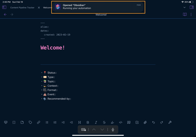 iPad screenshot of a note in Obsidian. There's an iPad notification at the top of the screen that says "Opened 'Obsidian'. Running your automation."