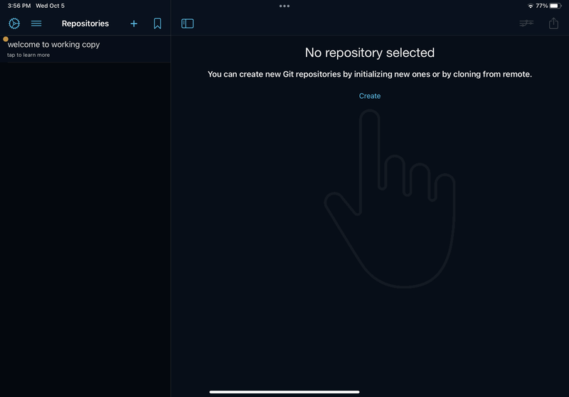 iPad screenshot of the Working Copy app's home screen. There's a "Repository" sidebar with a single repo called, "welcome to working copy". The main section of the screen says "No repository selected. You can create new Git repositories by initializing new ones or by cloning from remote."