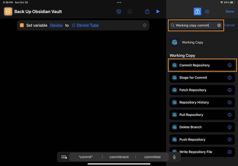 iPad screenshot of Shortcuts. In the sidebar's search bar, the user entered "Working copy commit", which brings up a search result of a Working Copy action called "Commit Repository".