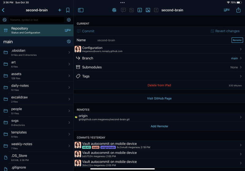 iPad screenshot of Working Copy. The "second-brain" repo is selected in the sidebar, and the app now shows the files and commits for that repo.