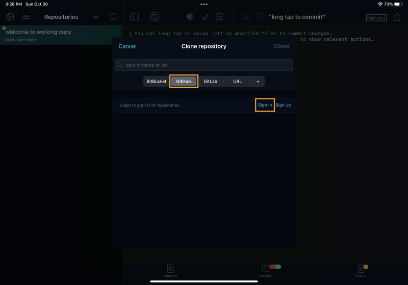 iPad screenshot of Working Copy, in the "Clone repository" modal. The GitHub tab is highlighted, and a box is drawn around the "Sign In" link.
