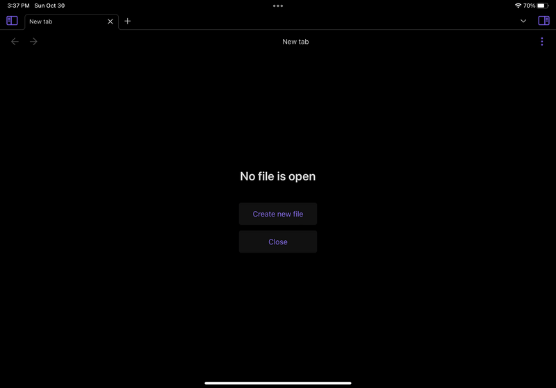 iPad screenshot of a new empty vault in the Obsidian app.